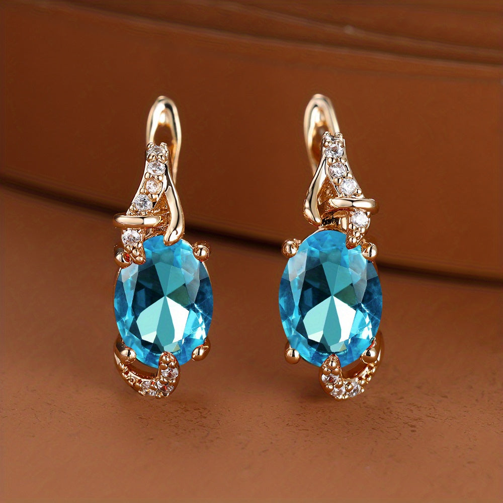 Plated Blue Stone Stud Earrings Trendy Women Round Oval Cut White Blue Red Pink Stone Drop Earrings Anniversary Claw Earrings Jewelry