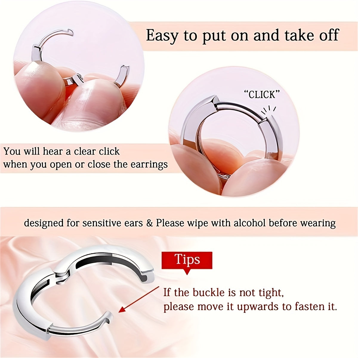Image showing tips for using sensitive ear earrings with clear click mechanism and care instructions.