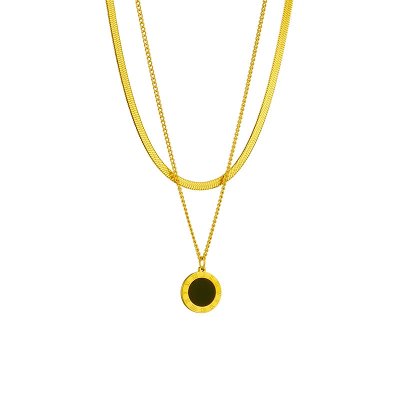 DIEYURO 316L Stainless Steel Roman Numeral Dial Pendant Necklace For Women New Trend Girls 2-Chain Choker Birthday Jewelry Gifts