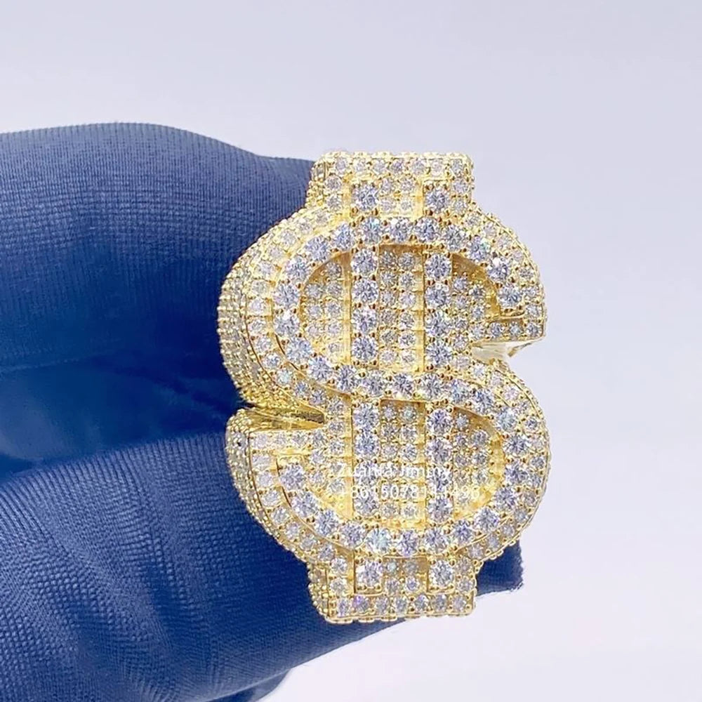Personalized Custom Hip Hop Full Diamond $Sign Ring Bling Iced Out Money Big USD 18k Gold Plated Ring For Women Men