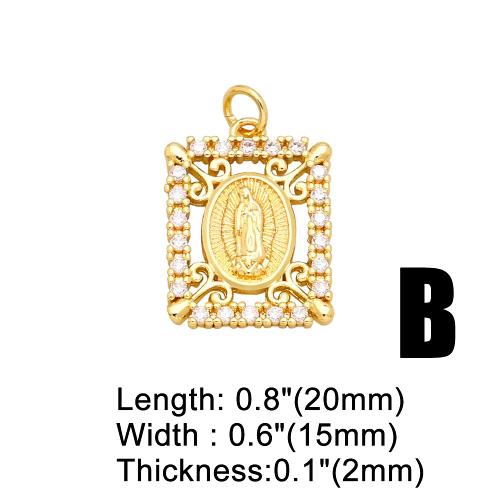 OCESRIO Cubic Zirconia Oval Virgin Mary Pendant for Necklace Copper Gold Plated Round Medal Jewelry Making Supplies pdta965