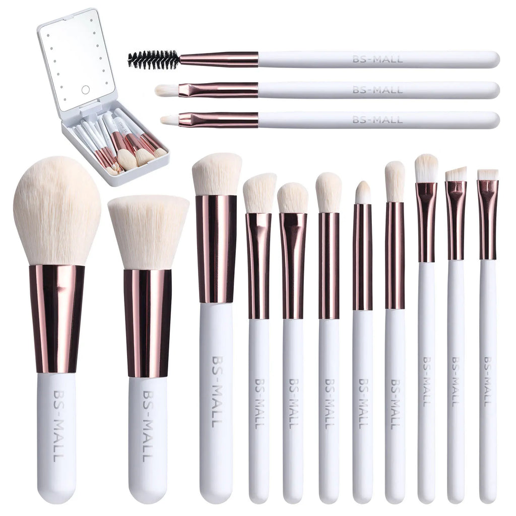 14-Piece Makeup Brush Set with Illuminated Mirror, Portable Short Handle,Led Light,Usb Rechargeable Makeup Brushes Kit