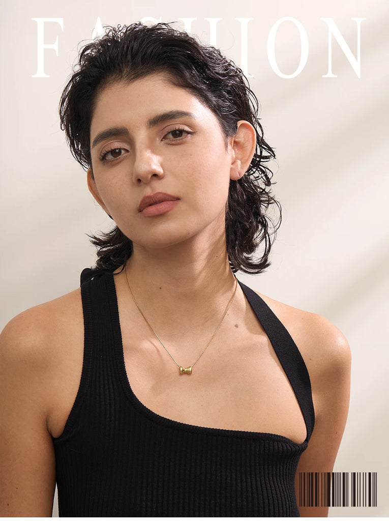 Yhpup Adjustable Long Chain Stainless Steel Metal Bow Knot Golden Trendy Pendant Choker Necklace Texture Fashion  Jewelry