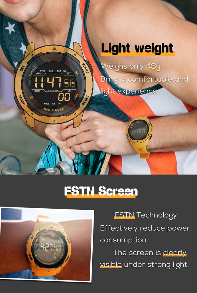 NORTH EDGE Mens Smart Watch Women Sportswatch Dual Time Running Pedometer Countdown Waterproof 50m Digital Alarm Military Clock