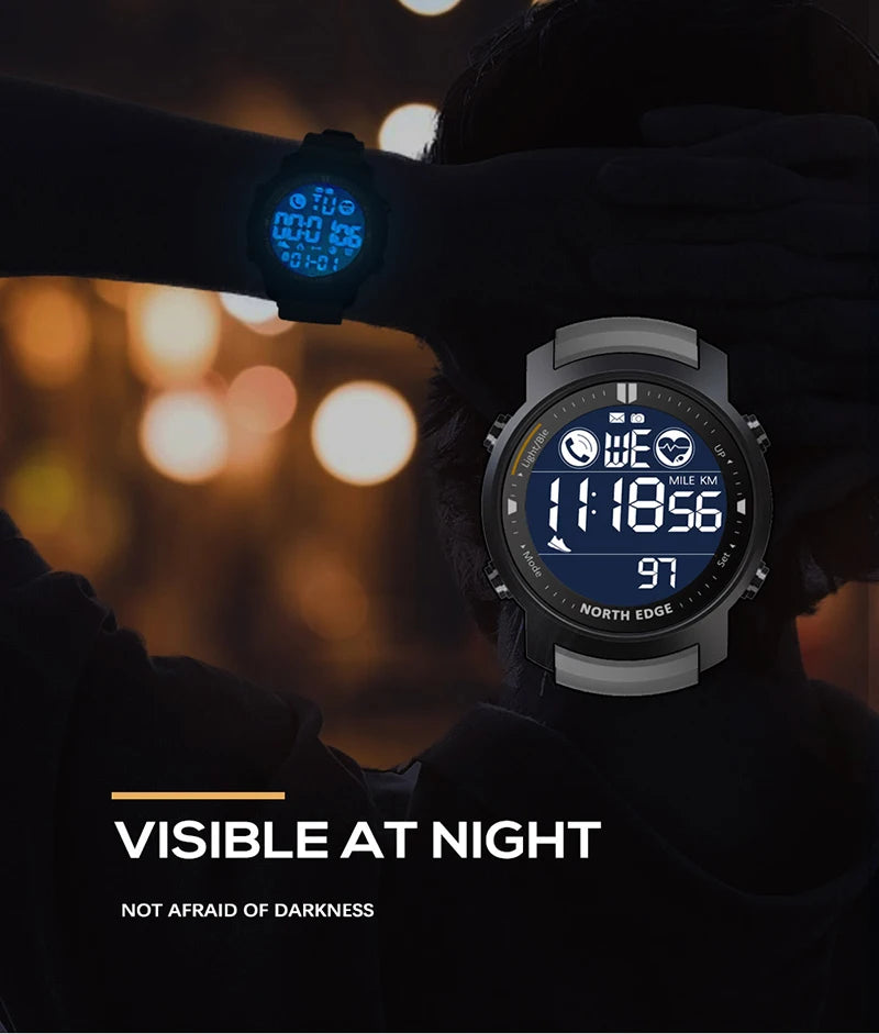 NORTH EDGE Men's Digital Watch Military Waterproof 50M Running Sports Pedometer Stopwatch Watch Heart Rate Wristband Android IOS
