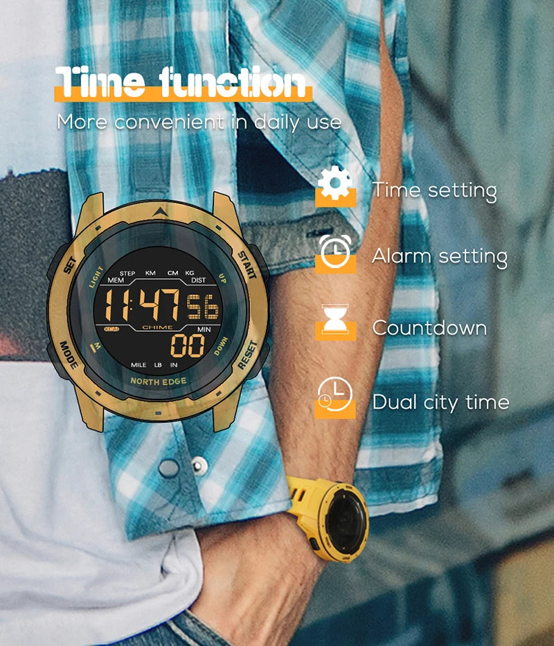 NORTH EDGE Mens Smart Watch Women Sportswatch Dual Time Running Pedometer Countdown Waterproof 50m Digital Alarm Military Clock
