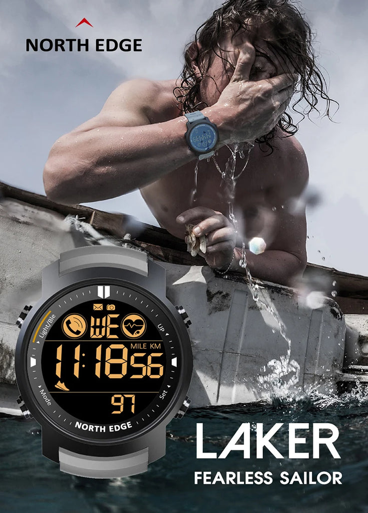 NORTH EDGE Men's Digital Watch Military Waterproof 50M Running Sports Pedometer Stopwatch Watch Heart Rate Wristband Android IOS
