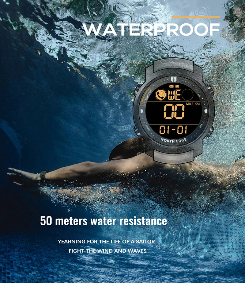 NORTH EDGE Men's Digital Watch Military Waterproof 50M Running Sports Pedometer Stopwatch Watch Heart Rate Wristband Android IOS