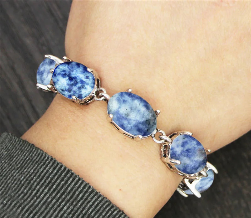Vintage Oval Natural Jades Quartz Bracelet For Women Prong Natural Stone Amethysts Tiger Eye Lapis Lazuli Bracelets