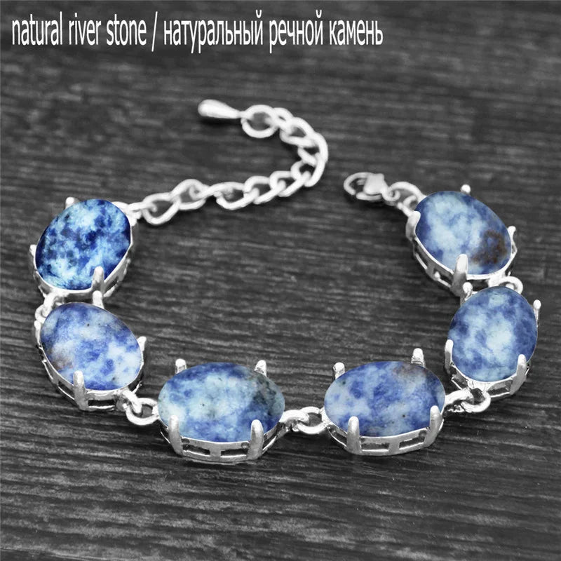 Vintage Oval Natural Jades Quartz Bracelet For Women Prong Natural Stone Amethysts Tiger Eye Lapis Lazuli Bracelets