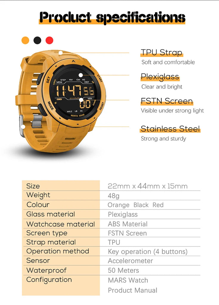 NORTH EDGE Mens Smart Watch Women Sportswatch Dual Time Running Pedometer Countdown Waterproof 50m Digital Alarm Military Clock