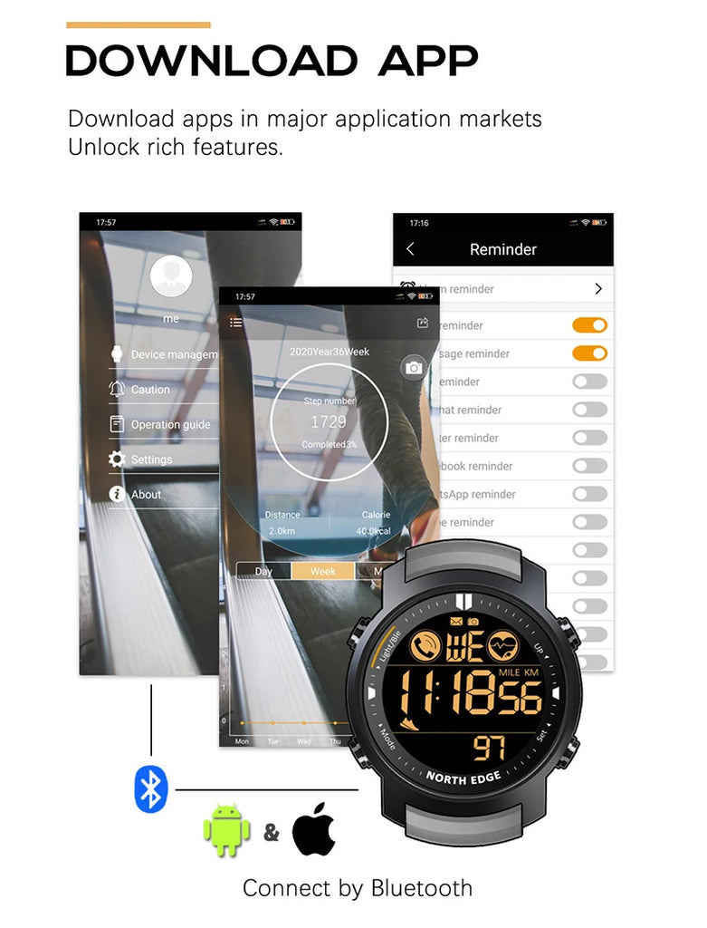 NORTH EDGE Men's Digital Watch Military Waterproof 50M Running Sports Pedometer Stopwatch Watch Heart Rate Wristband Android IOS