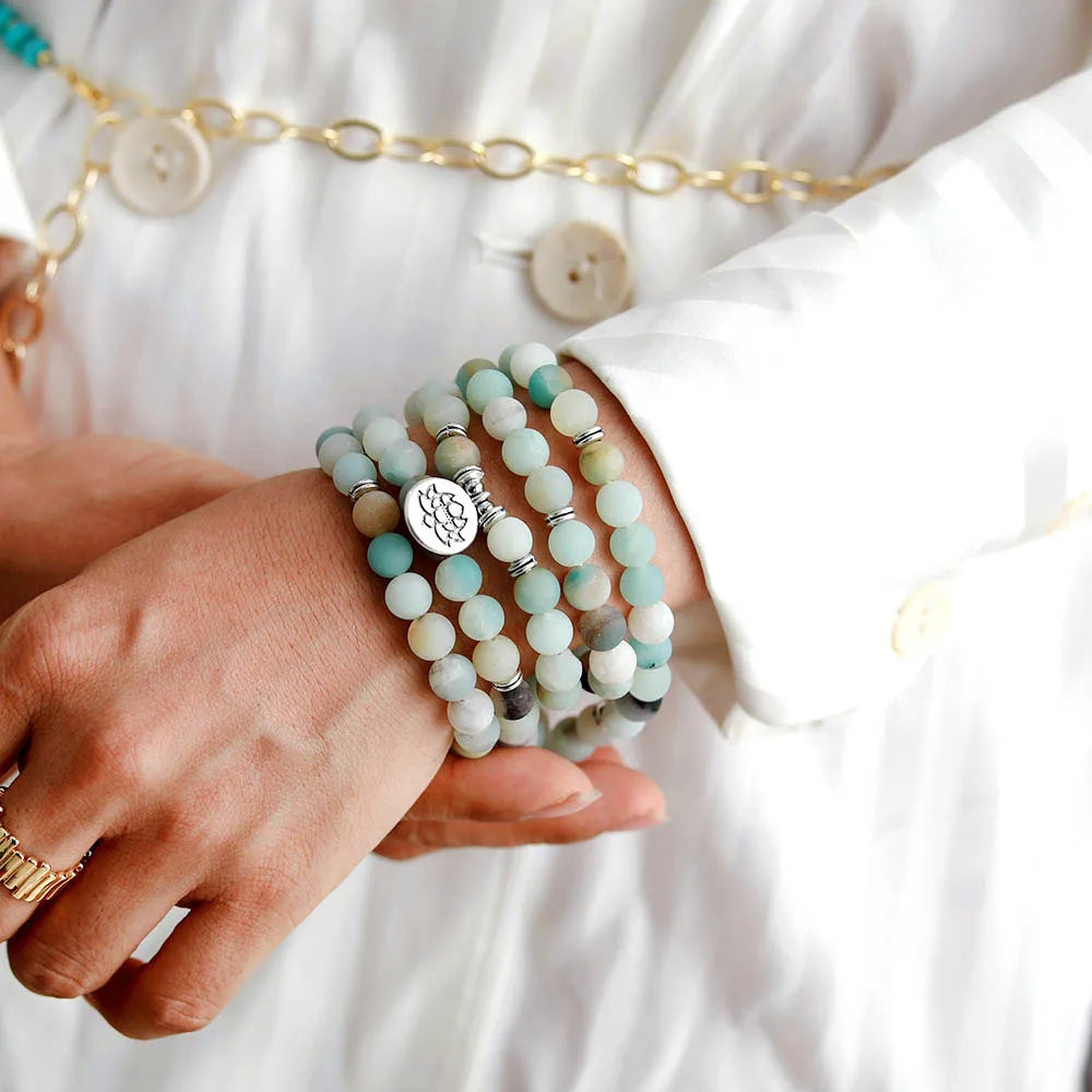 Womens Bracelets Matte Frosted Amazonite Lotus Charm Yoga Bracelet 108 Mala Necklace for Teen Girls Dropshipping Wholesale