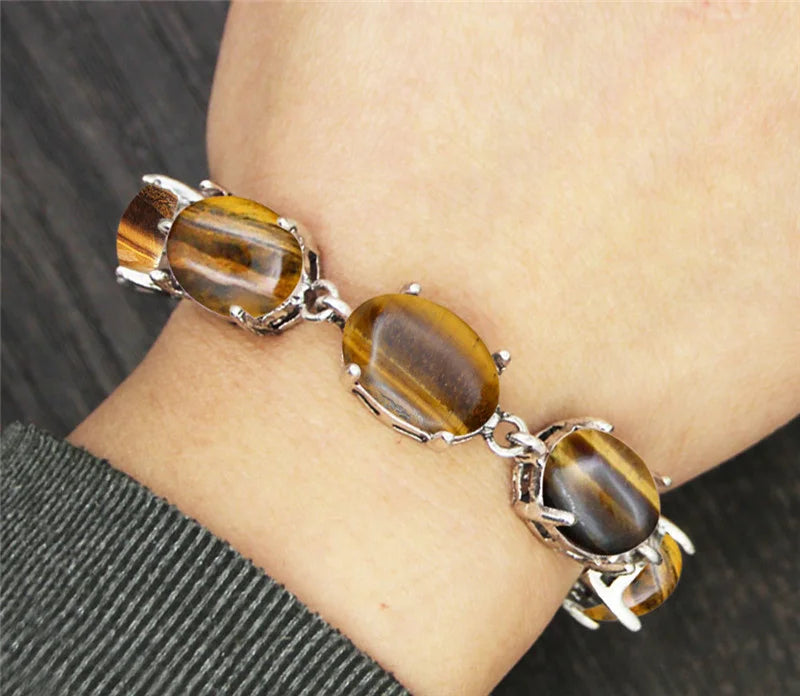 Vintage Oval Natural Jades Quartz Bracelet For Women Prong Natural Stone Amethysts Tiger Eye Lapis Lazuli Bracelets