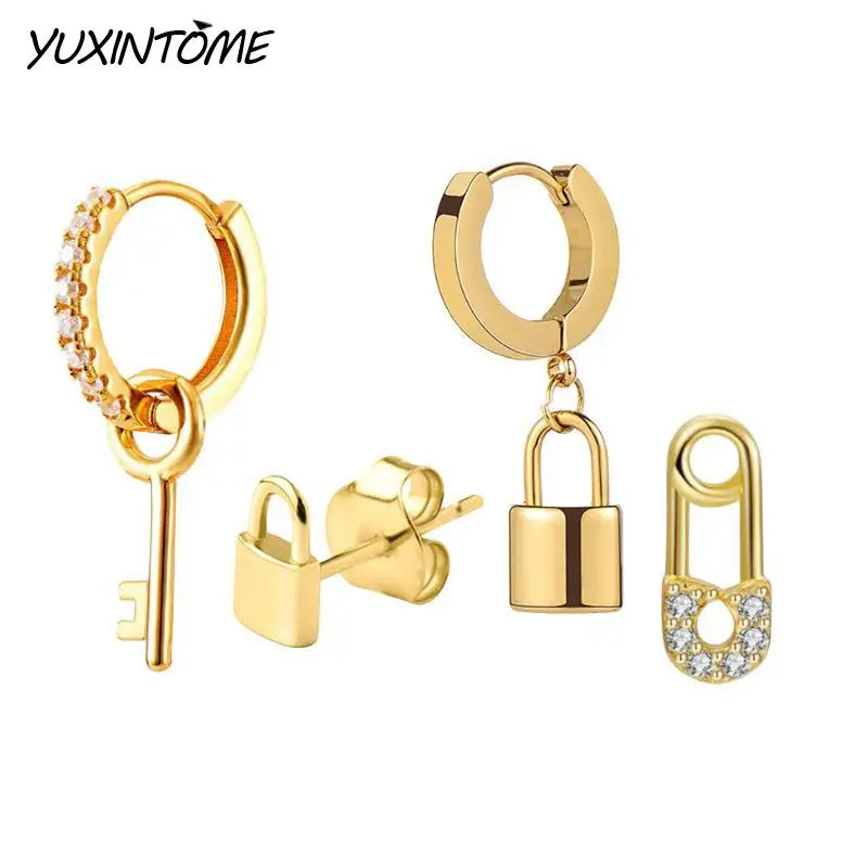 925 Sterling Silver Ear Needle key Pendant Hoop Earrings Gold Earrings For women Lock Pierced Earrings Fashion Party Jewelry