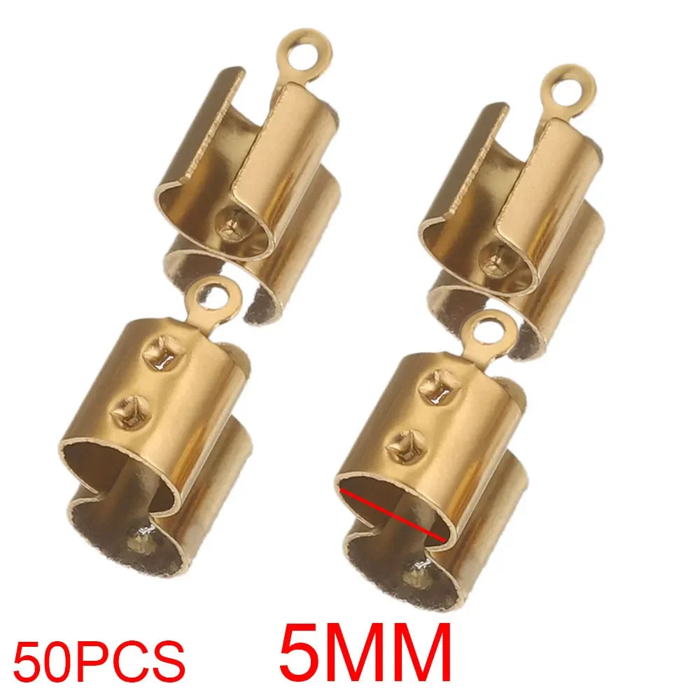 50pcs Stainless Crimp End Beads Caps Leather Cord Clip Tip Fold Crimp Bead Bracelet Connectors for Jewelry Making Bulk Wholesale