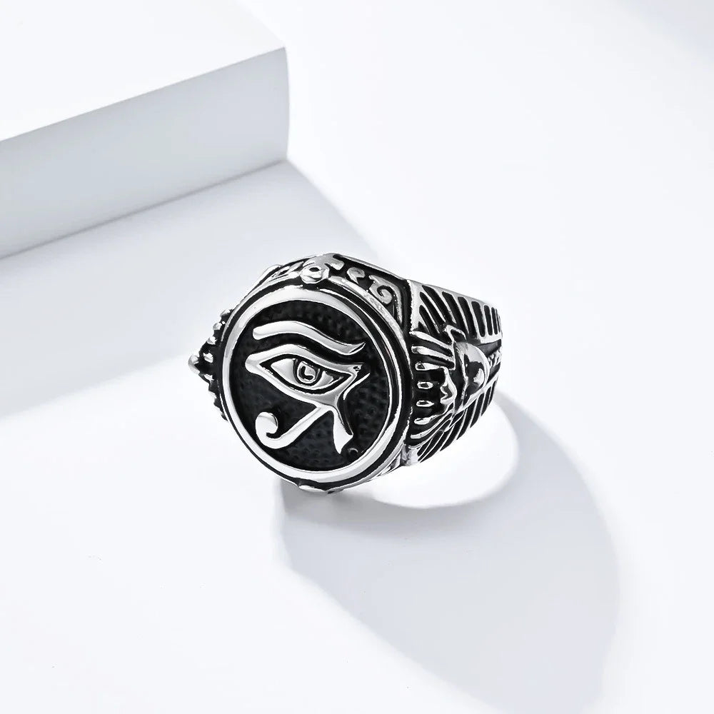 New Vintage Eye of Horus Rings Stainless Steel Punk Ancient Egypt Pharaoh Text Symbol Men Ring Amulet Jewelry Gift Wholesale