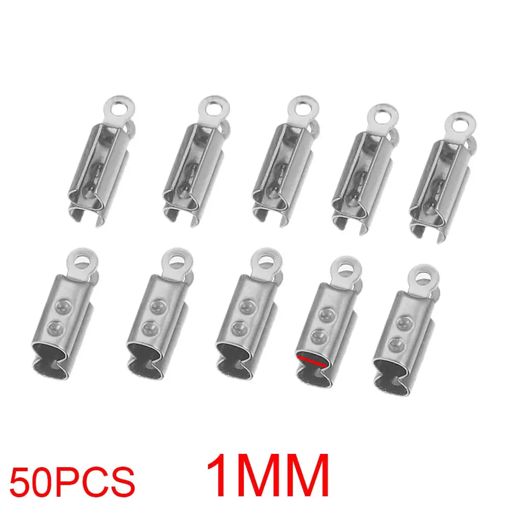 50pcs Stainless Crimp End Beads Caps Leather Cord Clip Tip Fold Crimp Bead Bracelet Connectors for Jewelry Making Bulk Wholesale