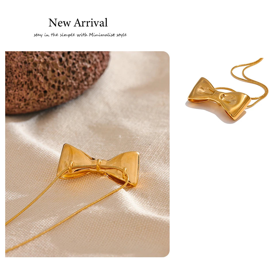 Yhpup Adjustable Long Chain Stainless Steel Metal Bow Knot Golden Trendy Pendant Choker Necklace Texture Fashion  Jewelry