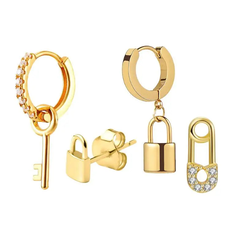 925 Sterling Silver Ear Needle key Pendant Hoop Earrings Gold Earrings For women Lock Pierced Earrings Fashion Party Jewelry