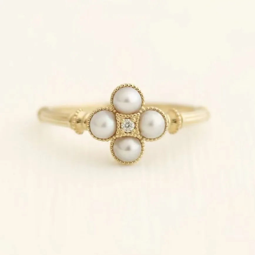 Elegant Gold Color Round Imitation Pearl Four Leaf Clover Flowers Rings Wedding Party Jewelry Rings for Women