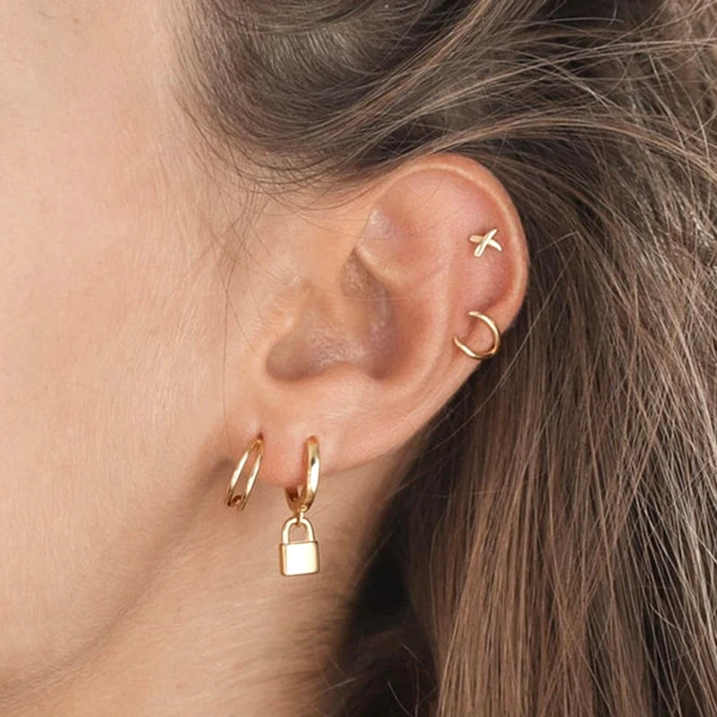 925 Sterling Silver Ear Needle key Pendant Hoop Earrings Gold Earrings For women Lock Pierced Earrings Fashion Party Jewelry