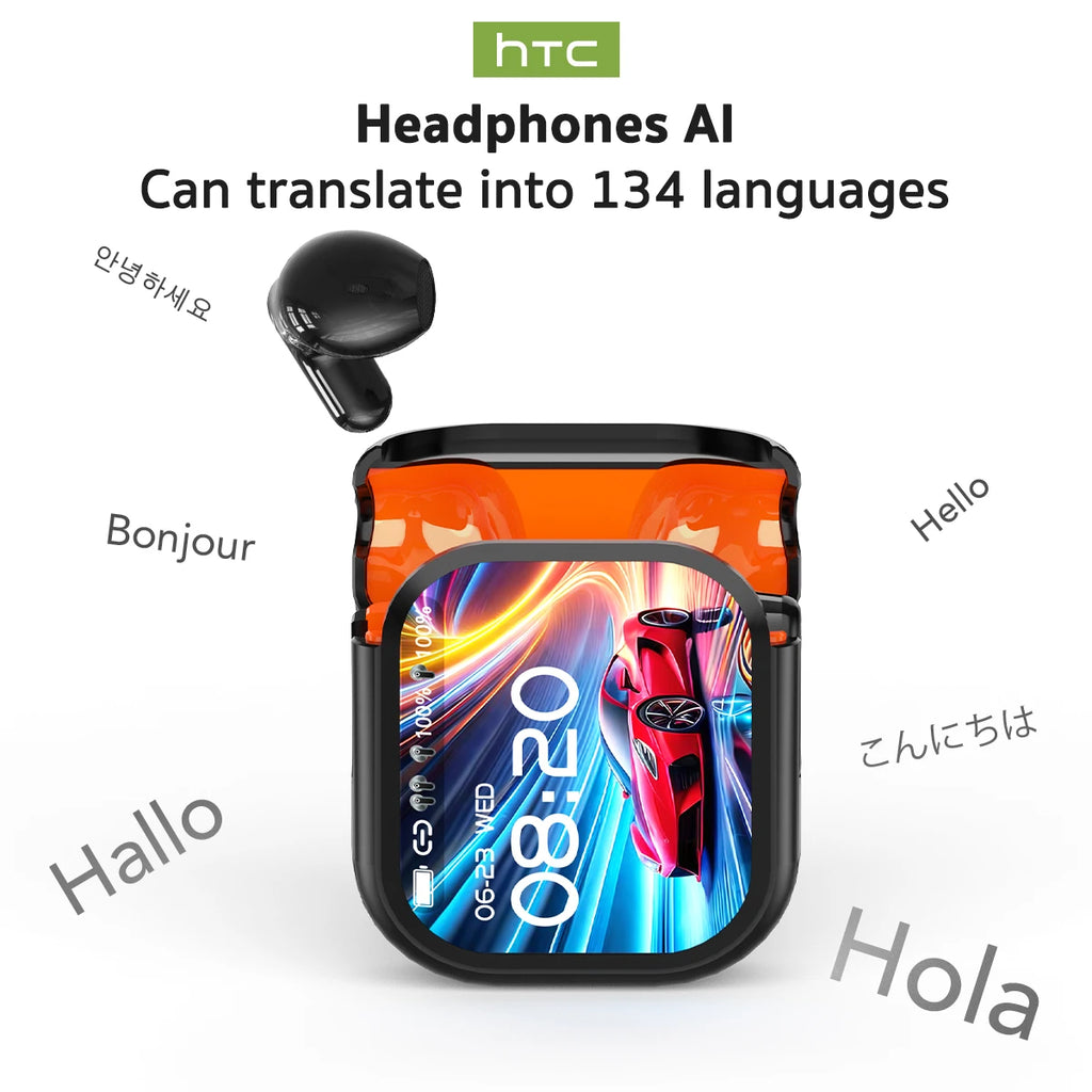 HTC NE20 Bluetooth 6.0 Earbuds with AI Translator – OWS Wireless Sport Headphones, LCD Touch Screen, HD Stereo Sound, Long Battery Life