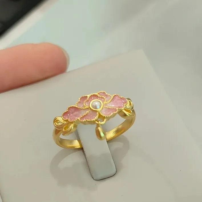 HX New Chinese Style Pink Enamel Ring with Water Drop Retro Light Luxury High End Charm Ring Opening Jewelry