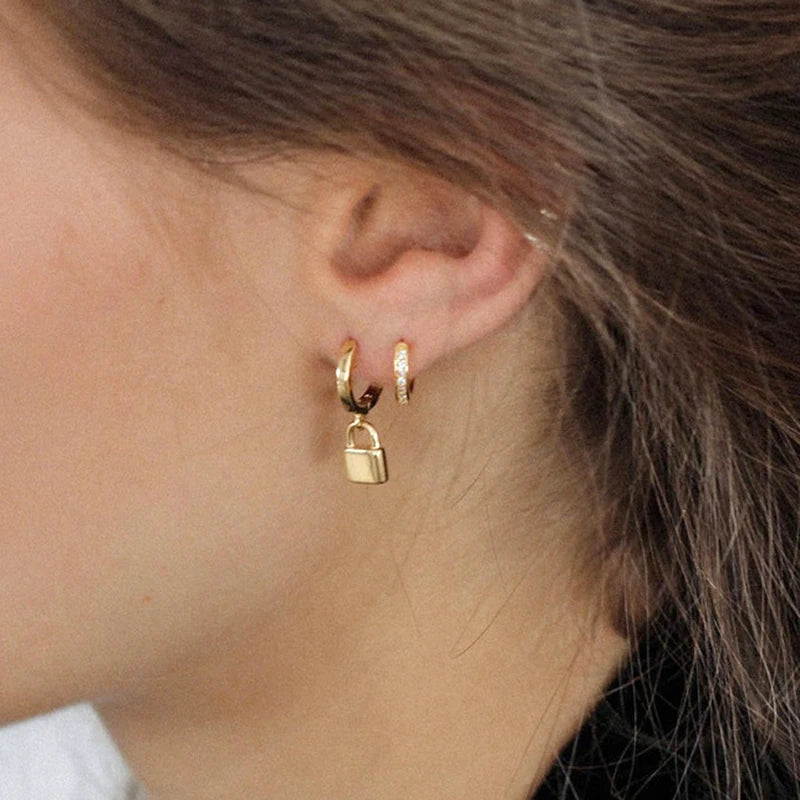 925 Sterling Silver Ear Needle key Pendant Hoop Earrings Gold Earrings For women Lock Pierced Earrings Fashion Party Jewelry