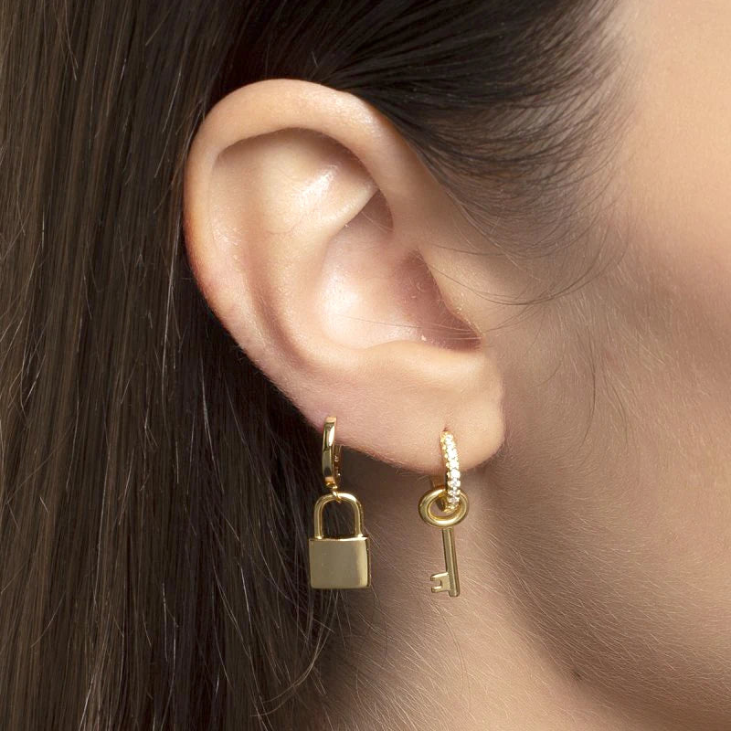 925 Sterling Silver Ear Needle key Pendant Hoop Earrings Gold Earrings For women Lock Pierced Earrings Fashion Party Jewelry