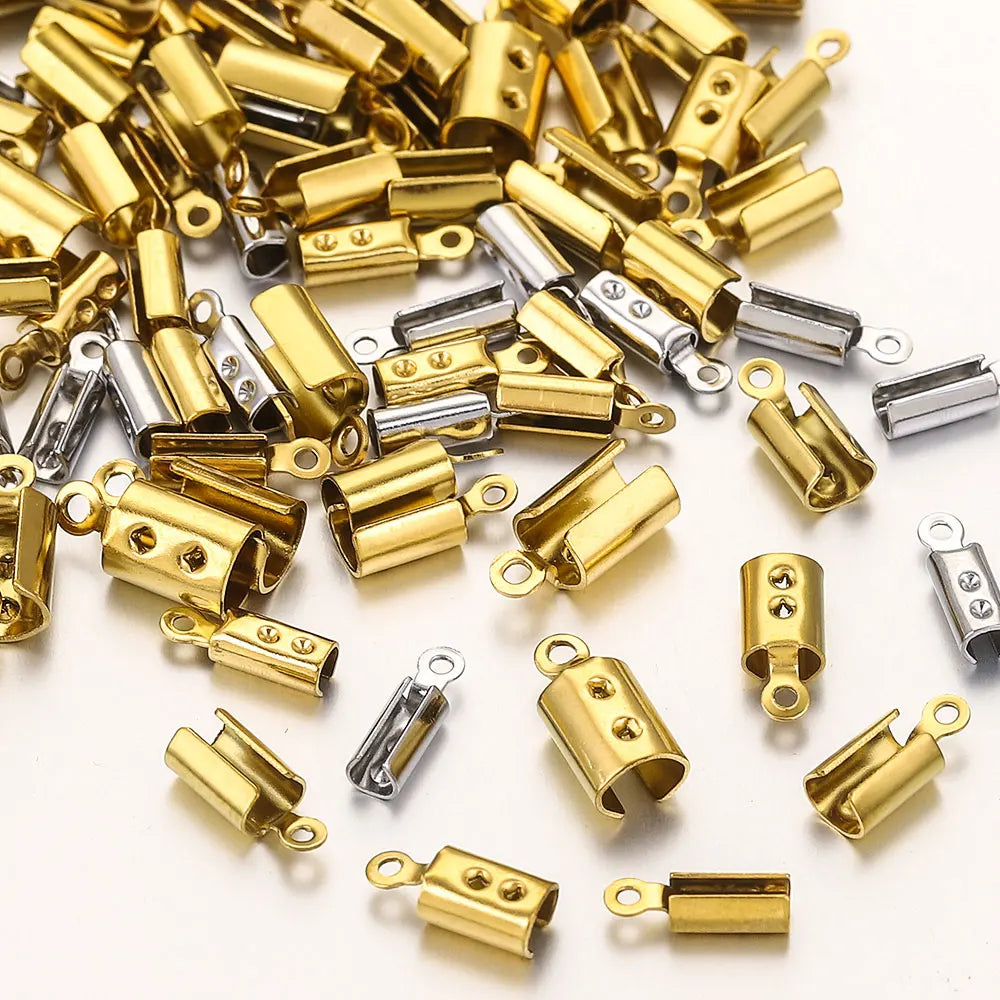 50pcs Stainless Crimp End Beads Caps Leather Cord Clip Tip Fold Crimp Bead Bracelet Connectors for Jewelry Making Bulk Wholesale