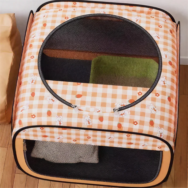 A Foldable Cat Bed with 0range Checked Prints. The Cat Maternity Ward Features Multi - sided Visible and Breathable Grids