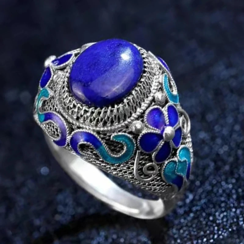 vintage Palace Style Cloisonne enamel Inlaid Lapis lazuli Ring Classical Exquisite Flower blue Ring Wedding 925 Silver Jewelry