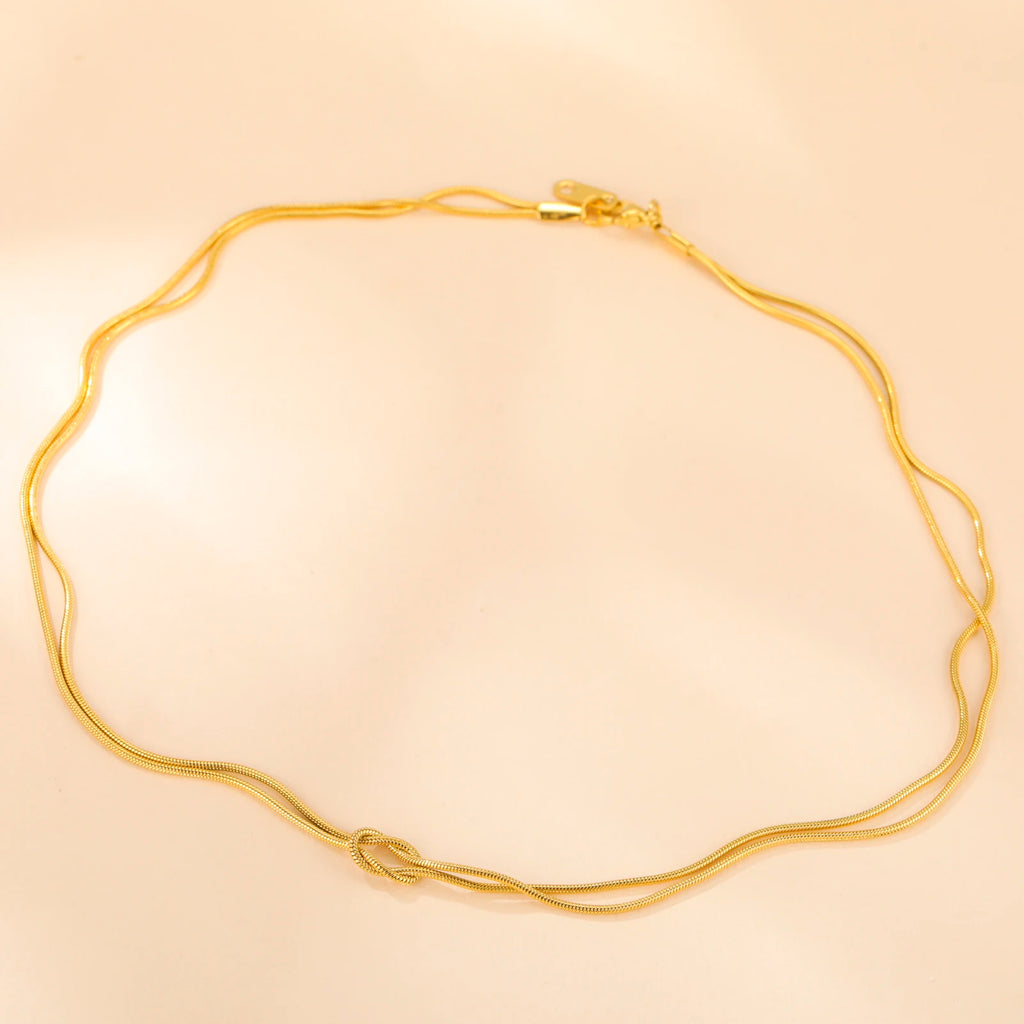 Skyrim Double Snake Chain Love Knot Necklace Women Stainless Steel Gold Color Minimalist Clavicle Chain Choker Jewelry Gift