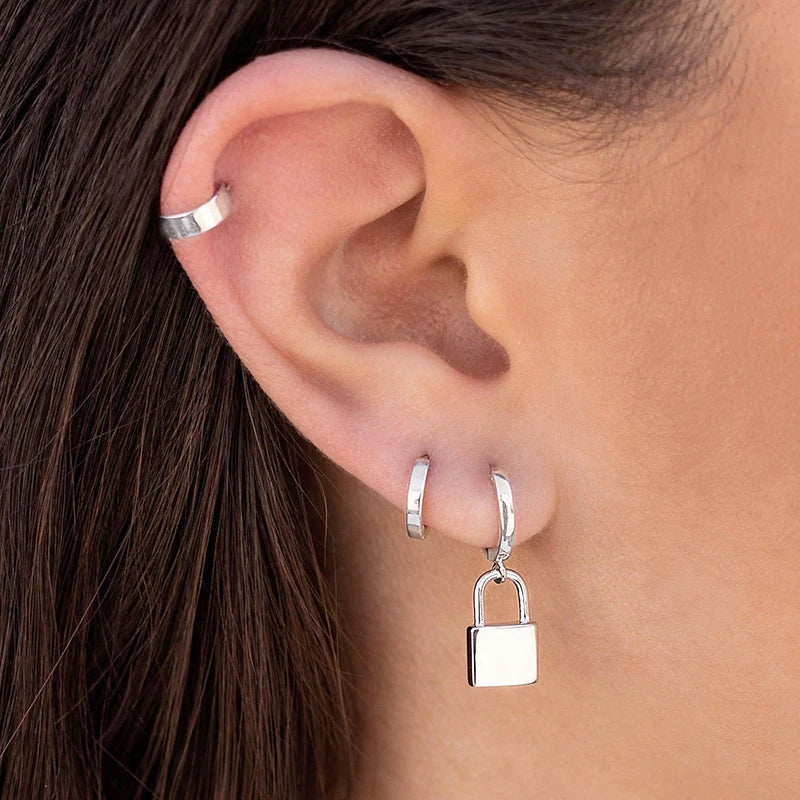 925 Sterling Silver Ear Needle key Pendant Hoop Earrings Gold Earrings For women Lock Pierced Earrings Fashion Party Jewelry