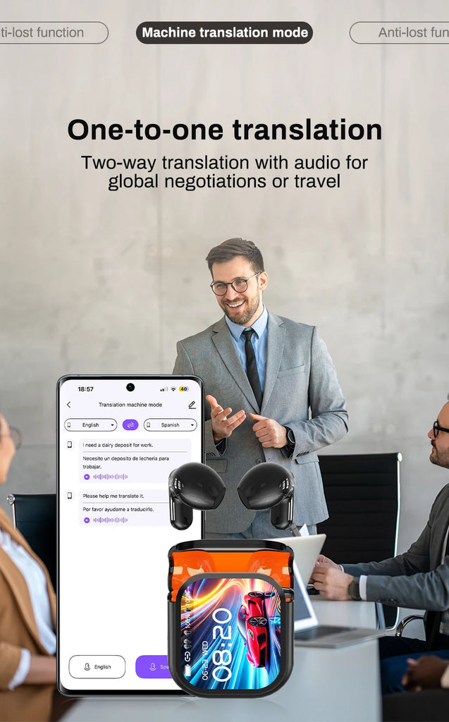 HTC NE20 Bluetooth 6.0 Earbuds with AI Translator – OWS Wireless Sport Headphones, LCD Touch Screen, HD Stereo Sound, Long Battery Life