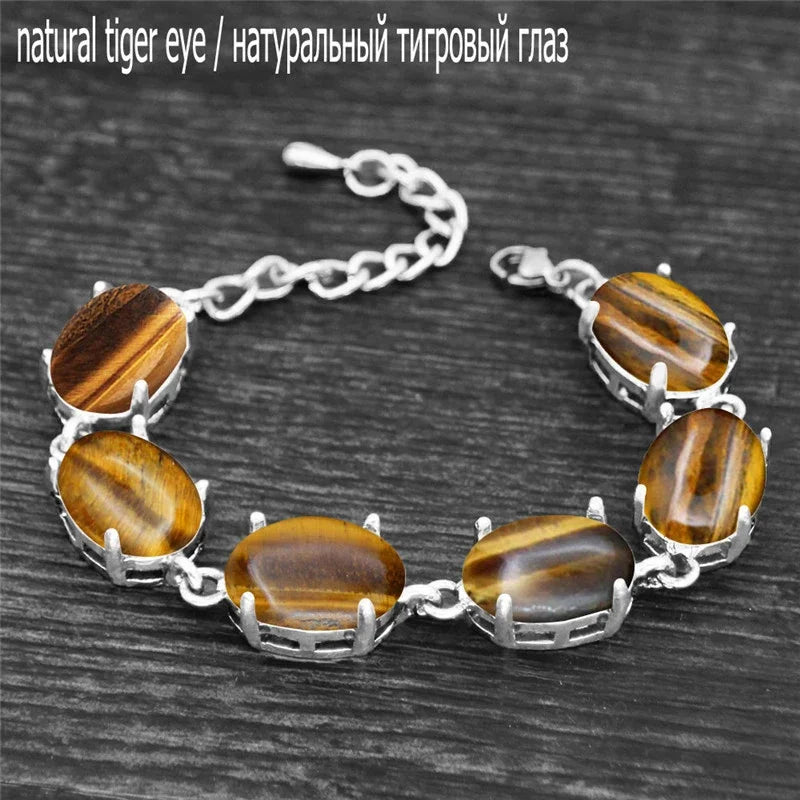 Vintage Oval Natural Jades Quartz Bracelet For Women Prong Natural Stone Amethysts Tiger Eye Lapis Lazuli Bracelets
