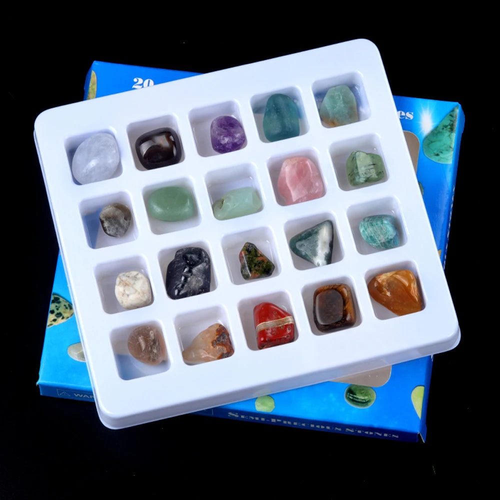 20pcs square box of crystal chakra healing stones set with irregular gemstones for DIY jewelry and decor.
