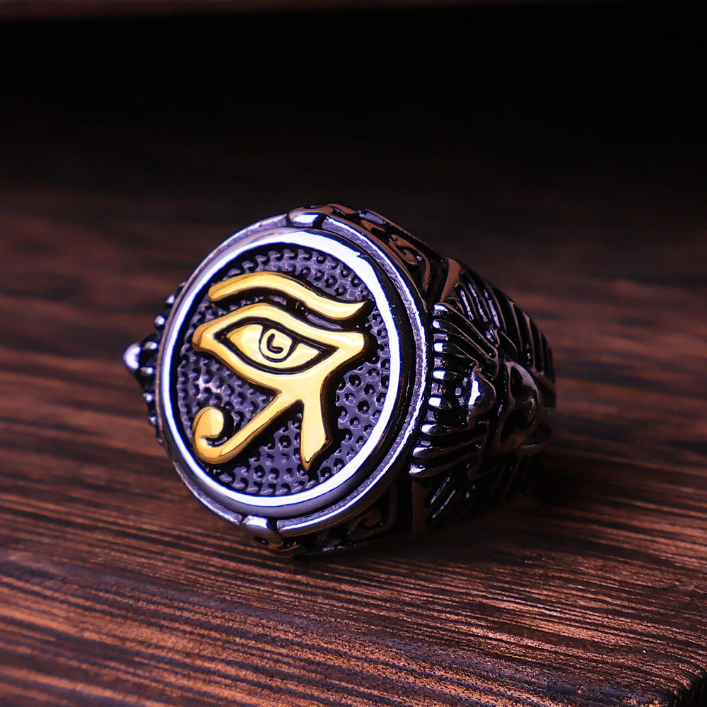 New Vintage Eye of Horus Rings Stainless Steel Punk Ancient Egypt Pharaoh Text Symbol Men Ring Amulet Jewelry Gift Wholesale