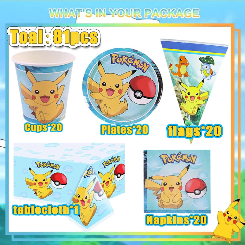 Pokemon Birthday Party Supplies Pikachu Party Decorations Foil Balloons Blowouts Tableware Plate Napkin Baby Shower Supplies Toy