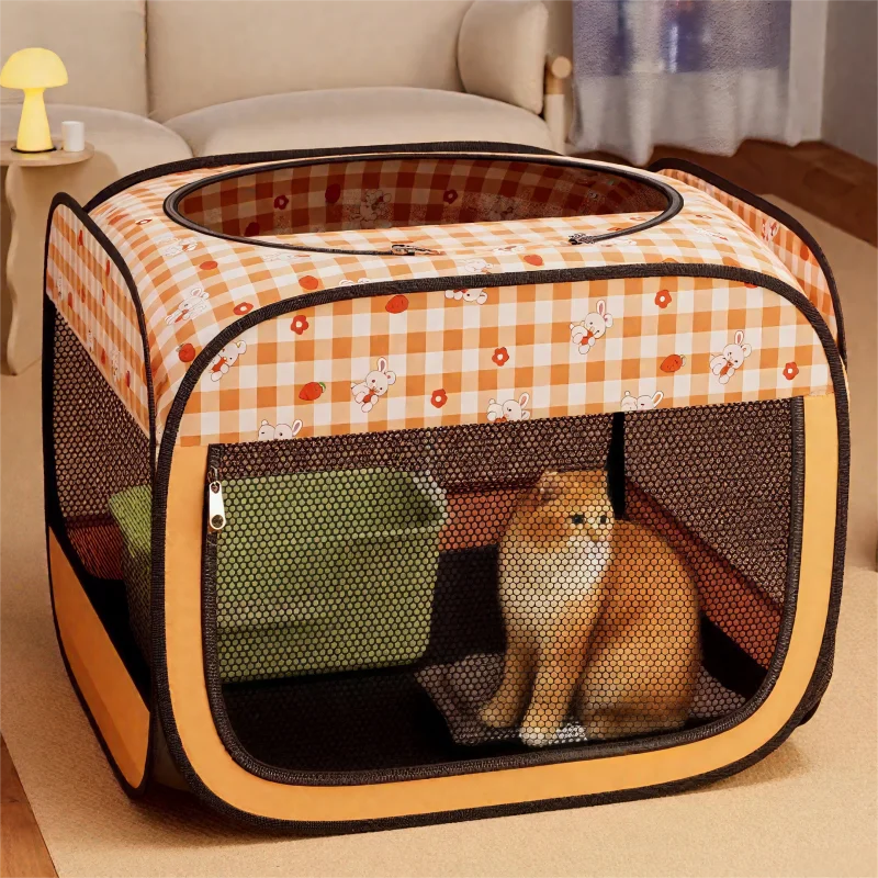 A Foldable Cat Bed with 0range Checked Prints. The Cat Maternity Ward Features Multi - sided Visible and Breathable Grids
