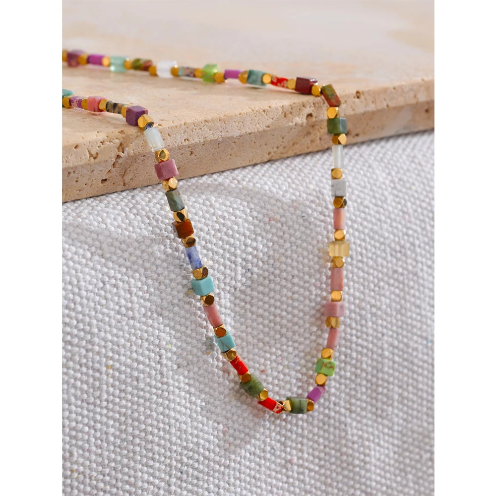 Yhpup Fashion Colorful Natural Stone Beads Chain Y2K Collar Necklace Tarnish Resistant High Quality Handmade Charm Jewelry Gift