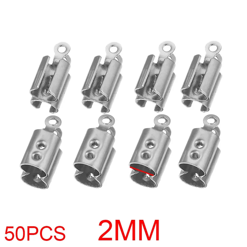 50pcs Stainless Crimp End Beads Caps Leather Cord Clip Tip Fold Crimp Bead Bracelet Connectors for Jewelry Making Bulk Wholesale