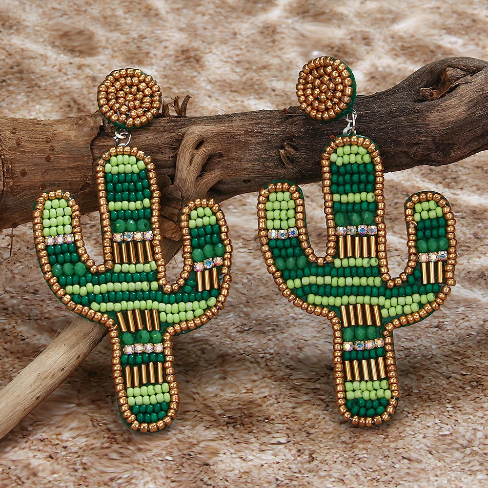 Cactus Beaded Earrings for Women Boho Colorful Beaded Earrings Statement Big Drop Dangle Earrings Summer Beachy Tropical Holiday