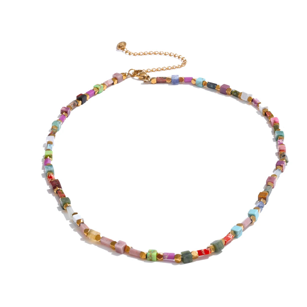 Yhpup Fashion Colorful Natural Stone Beads Chain Y2K Collar Necklace Tarnish Resistant High Quality Handmade Charm Jewelry Gift