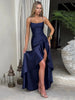 Articat Elegant Spaghetti Strap Satin Split Maxi Dress Women Sexy Backless Bodycon Party Evening Dress Summer Holiday Beachwear