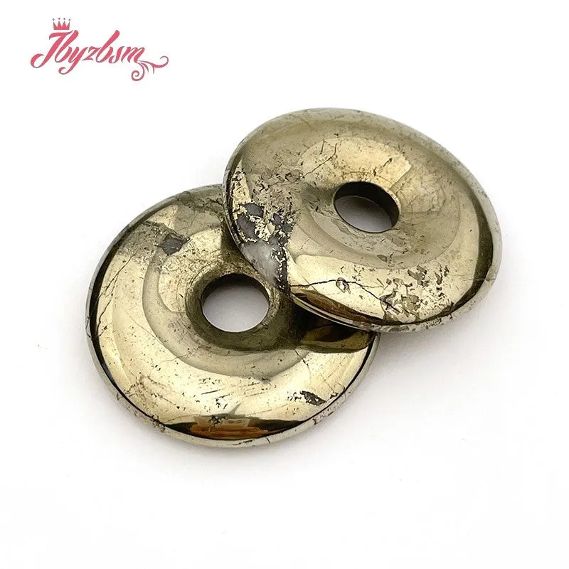 Natural Pyrite Donut Circle Round Silvers Gray Beads Stone For Necklace Pandant Earring Jewelry Making 1 Pcs 25/35/40mm