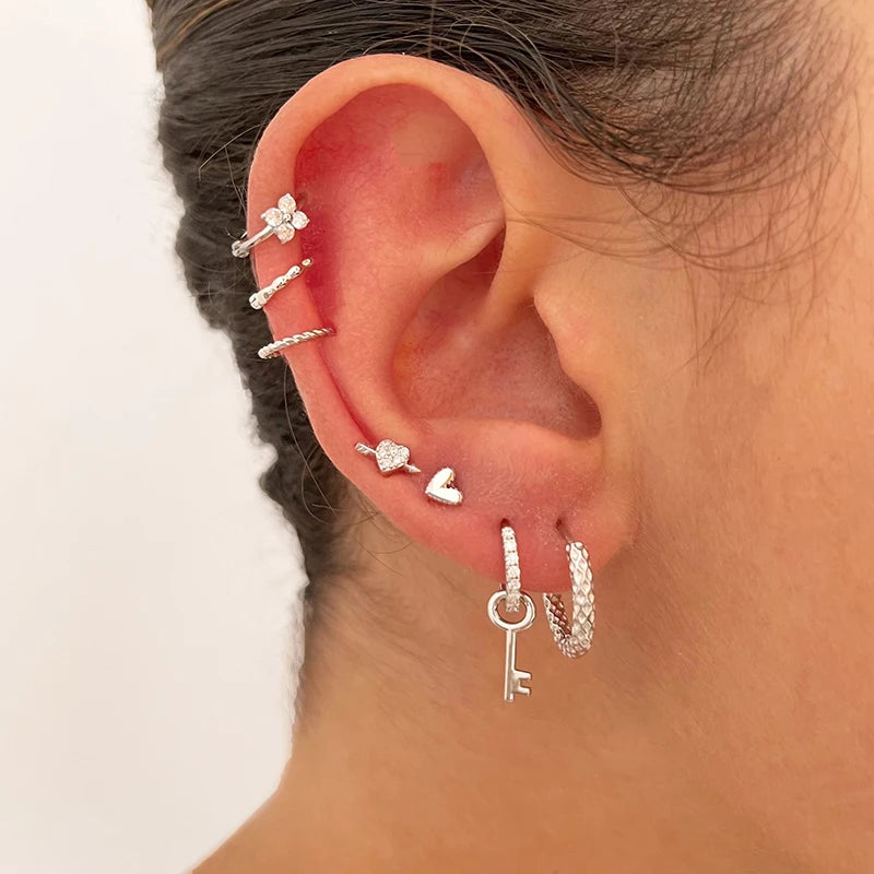 925 Sterling Silver Ear Needle key Pendant Hoop Earrings Gold Earrings For women Lock Pierced Earrings Fashion Party Jewelry