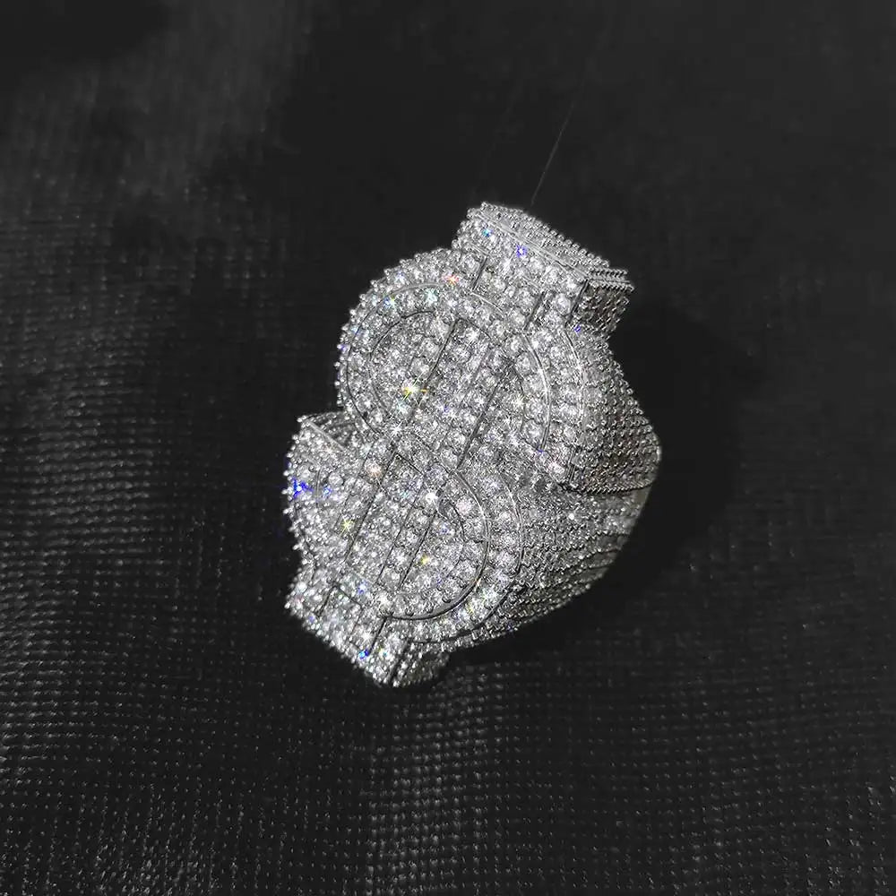 Personalized Custom Hip Hop Full Diamond $Sign Ring Bling Iced Out Money Big USD 18k Gold Plated Ring For Women Men