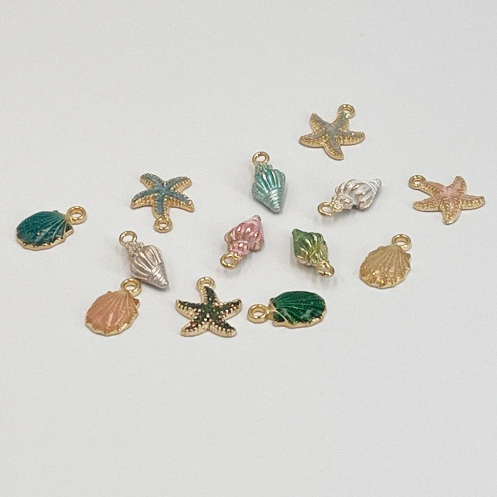 13pcs Summer Beach Starfish & Shell Charms – Colorful Copper Pendants for DIY Jewelry Making (Bracelets, Necklaces, Earrings)